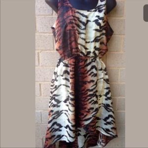 Sleeveless Tiger-Print High-Low Dress in Brown and Black